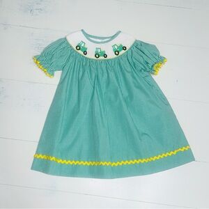 Green Tractor Embroidered Smock Dress